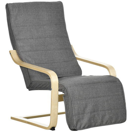 Wooden Armchair, Upholstered Linen Lounge Chair with Adjustable Footrest & Removable Cushion, Poang Chair for Living Room, Dark Grey