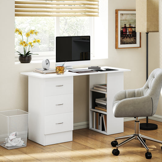 Fynco - Computer Desk, Writing Table, PC Workstation with 3 Storage Shelves and Drawers, Silver Handle, for Home Office, White