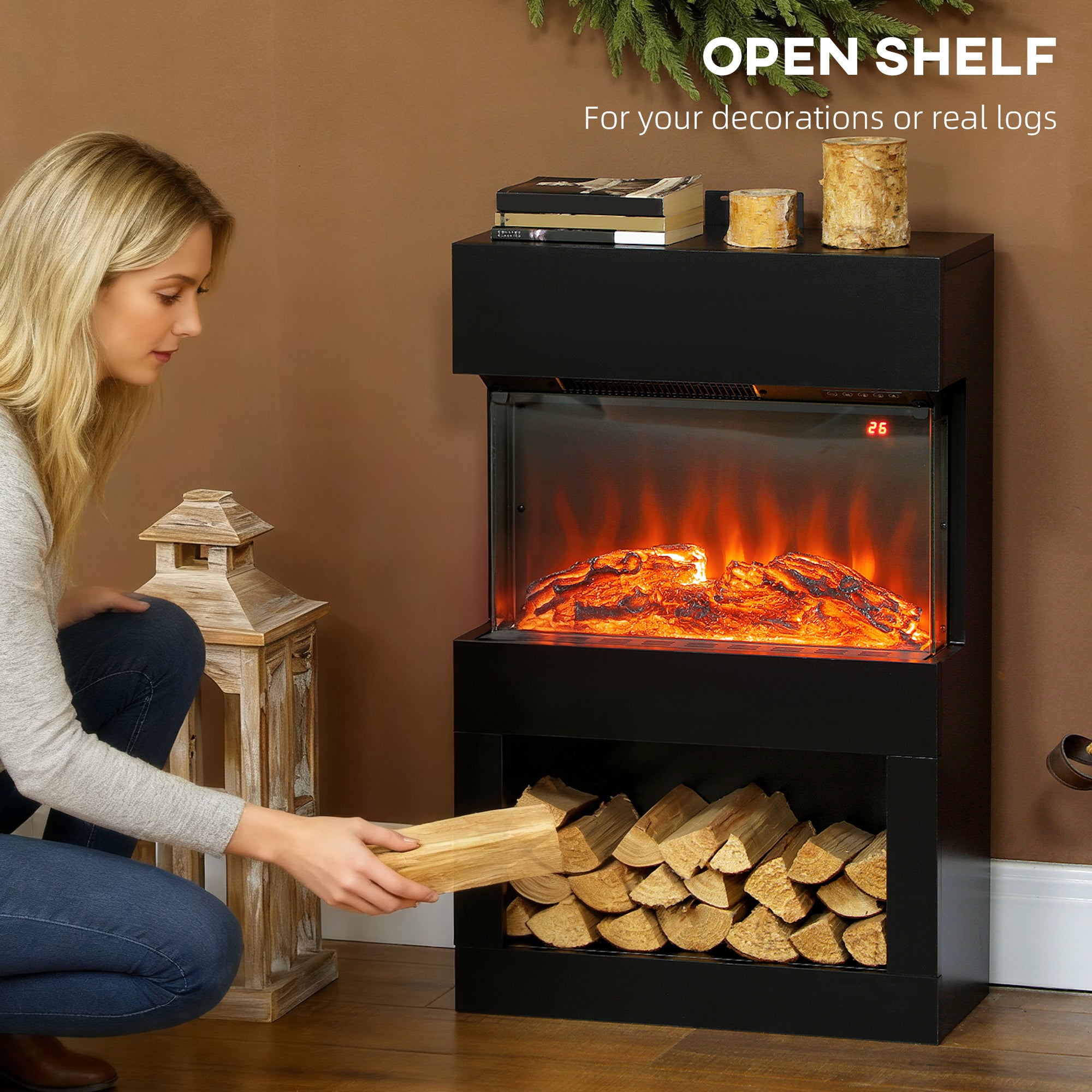 Fynco - Electric Fireplace with 3D Flame Effect, 6 Colours & 3 Brightness Levels, 1000W/2000W Black Electric Fire and Mantel Reach up to 30㎡ Space with Remote & Timer, 3 Sided View for Living Room