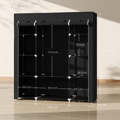 Portable Wardrobe, Foldable Fabric Wardrobe, 150 x 43 x 162.5cm, Clothes Storage Organiser with Hanging Rail, Shelves, Fabric Cover for Bedroom, Black