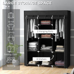 Fabric Wardrobe, with Rails and Shelves - Black