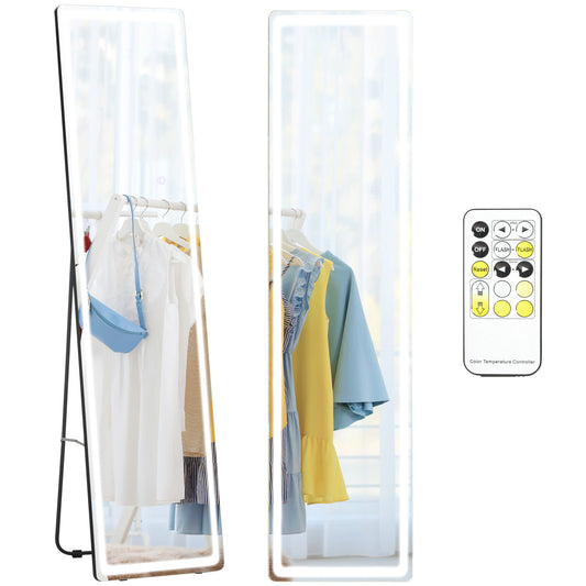 Fynco - Full-Length Mirror with LED Lights and Remote Control, Freestanding Floor Mirror with Dimming & 3 Color Modes, Wall Mounted Full Body Mirror for Bedroom