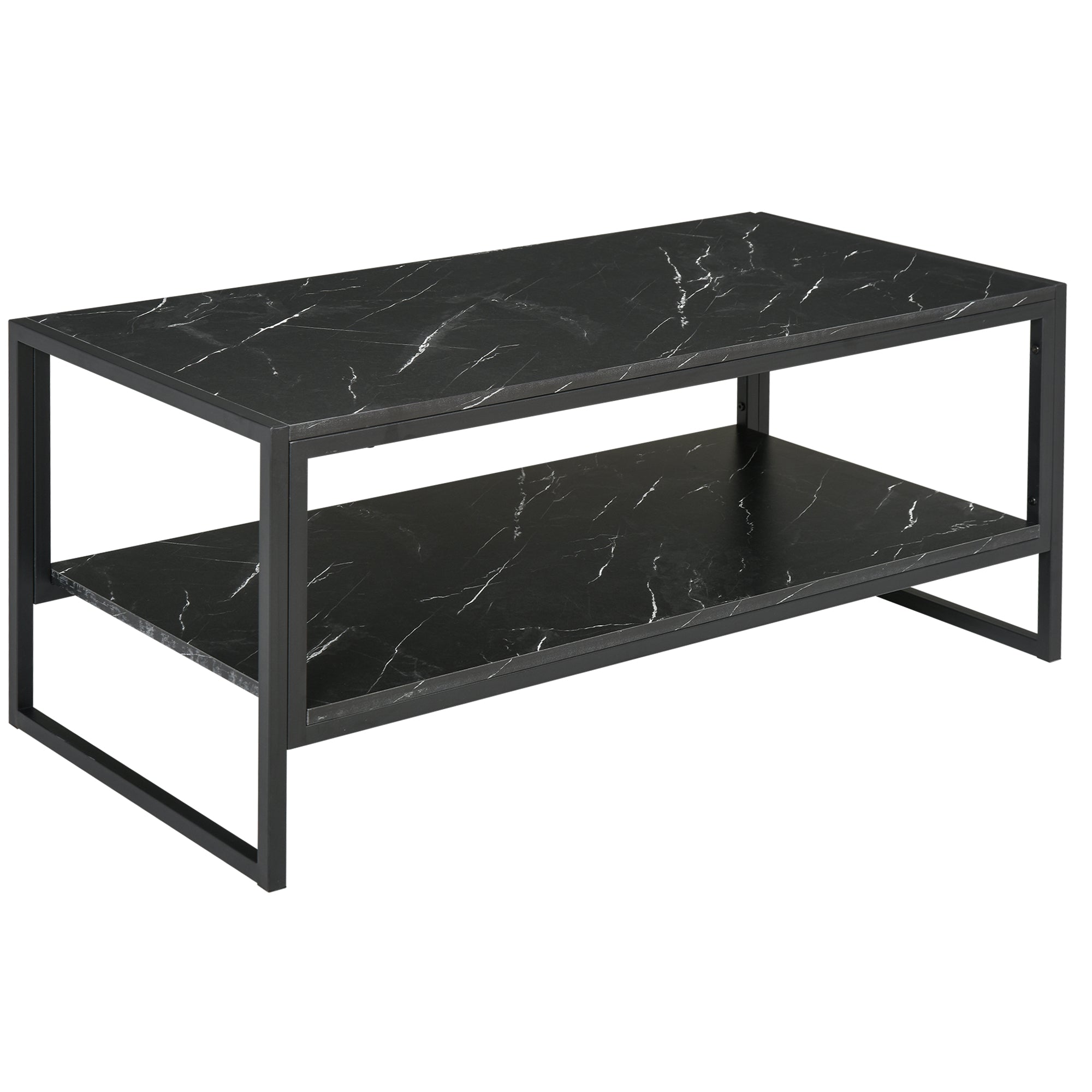 Coffee Table, Two-Tier Marble Centre Table with Metal Frame and Storage Shelf for Living Room, 106 x 50 x 45cm, Black