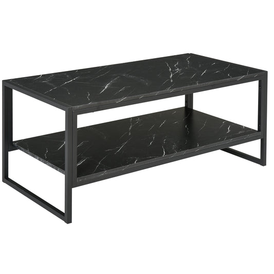 Coffee Table, Two-Tier Marble Centre Table with Metal Frame and Storage Shelf for Living Room, 106 x 50 x 45cm, Black
