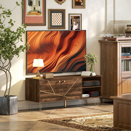 TV Stand Cabinet for up to 60 Inch TV, Modern 130cm TV Unit with Adjustable Shelves and Hairpin Legs, Double Door TV Cabinet for Living Room, Bedroom, Brown
