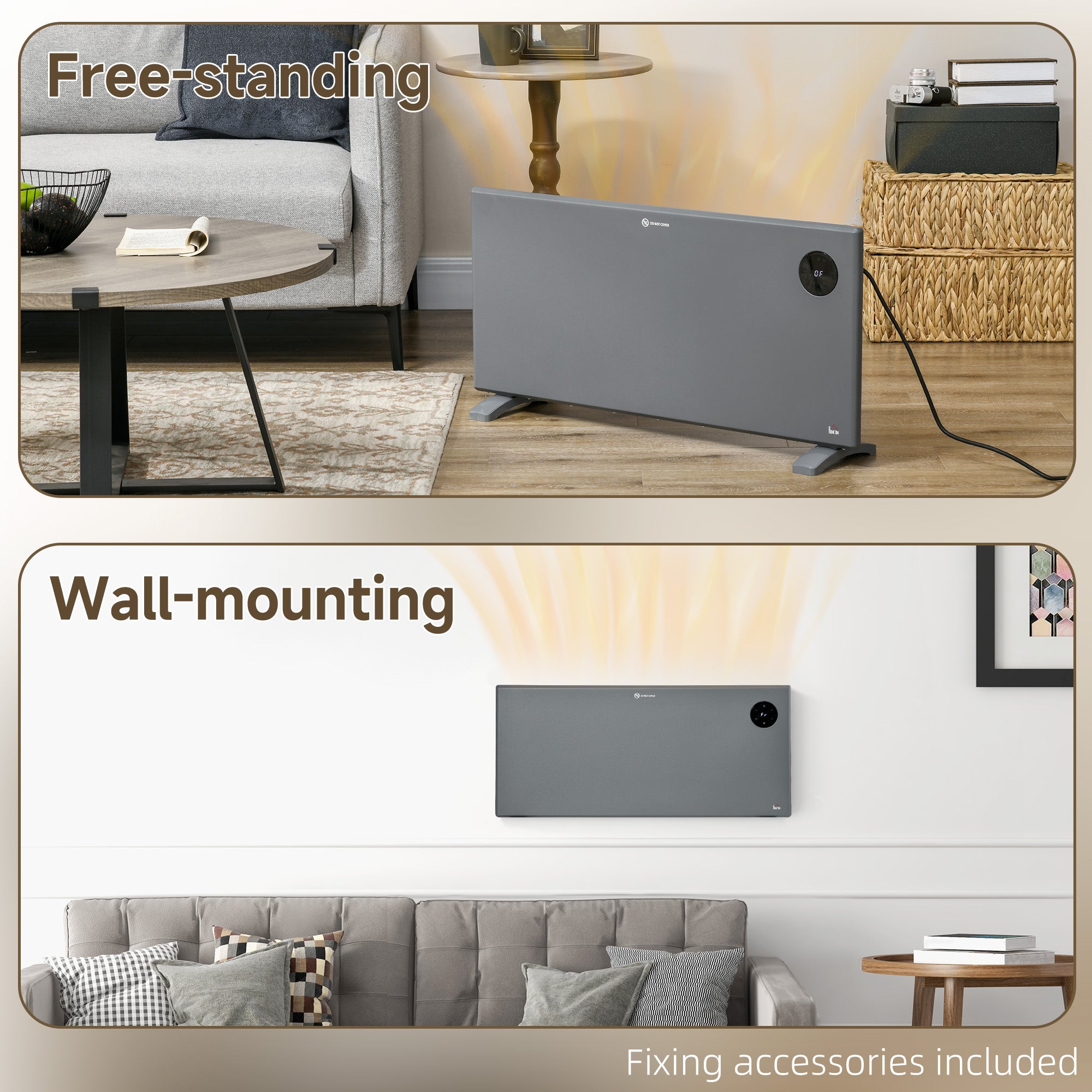 Fynco - 2000W Electric Convector Heater, Freestanding or Wall Mounted, Space Heater with Adjustable Thermostat, Timer, Grey