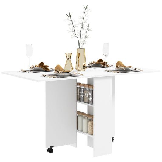 Folding Dining Table, Drop Leaf Table with 2-Tier Shelves, Rolling Casters, for Small Spaces, Kitchen, White