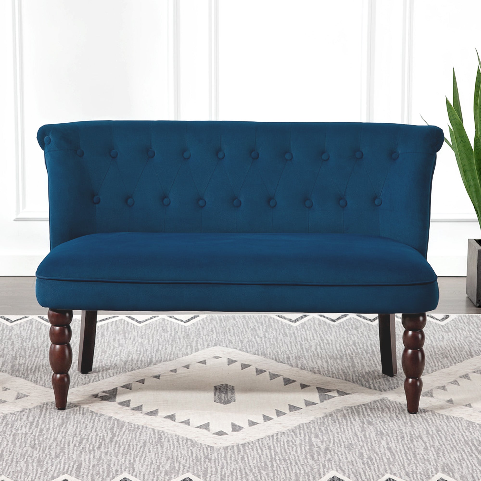 Fynco - Velvet 2 Seater Sofa, Button Tufted Wingback Loveseat with Rubber Wood Legs for Living Room, Bedroom, Dark Blue