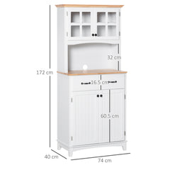 Freestanding Kitchen Cupboard, Kitchen Storage Cabinet with Framed Glass Doors, 2 Drawers, Microwave Counter, White