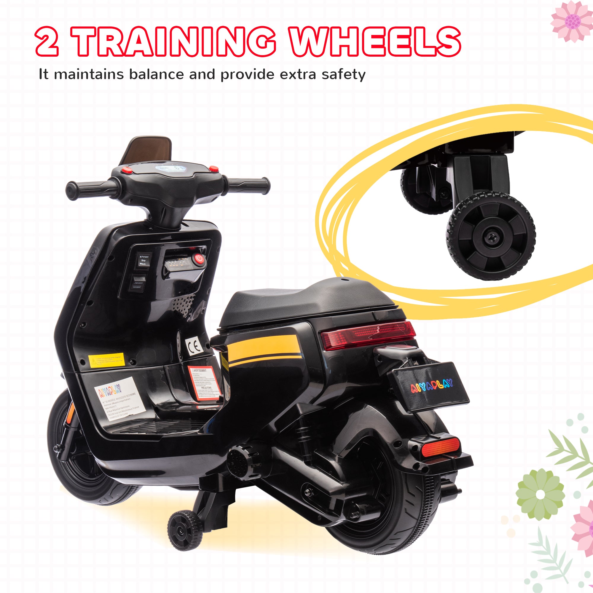 AIYAPLAY 6V Ride on Motorbike, Kids Electric Motorbike w/ Headlights, Music, Training Wheels, for Ages 18-36 Months, Black