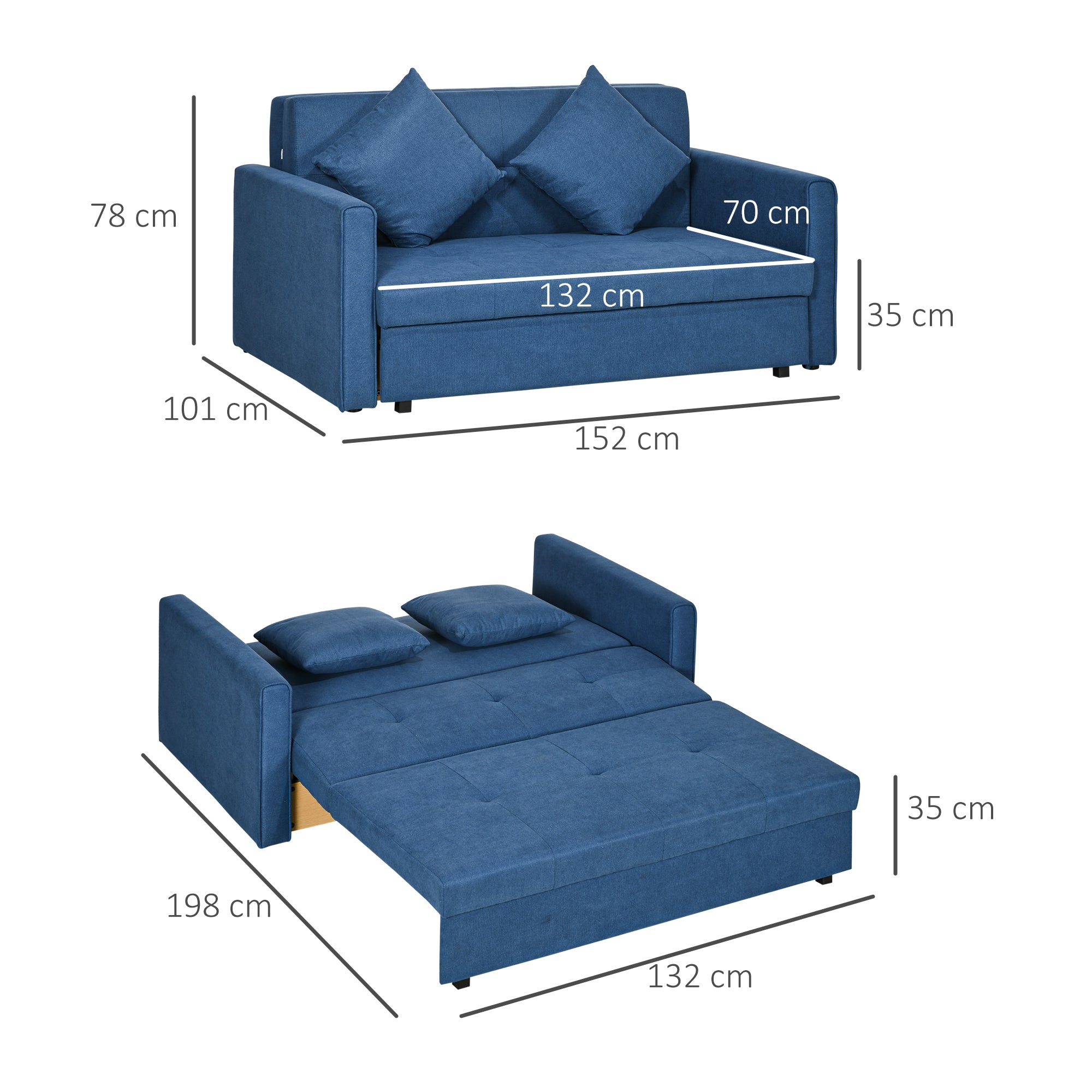 2 Seater Sofa Bed, Convertible Bed Settee, Modern Velvet Loveseat Sofa Couch with 2 Cushions, Hidden Storage for Living Room, Guest Room, Deep Blue