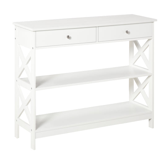 Console Table Side Desk w/ Shelves Drawers Open Top X Support Frame Living Room Hallway Home Office Furniture White