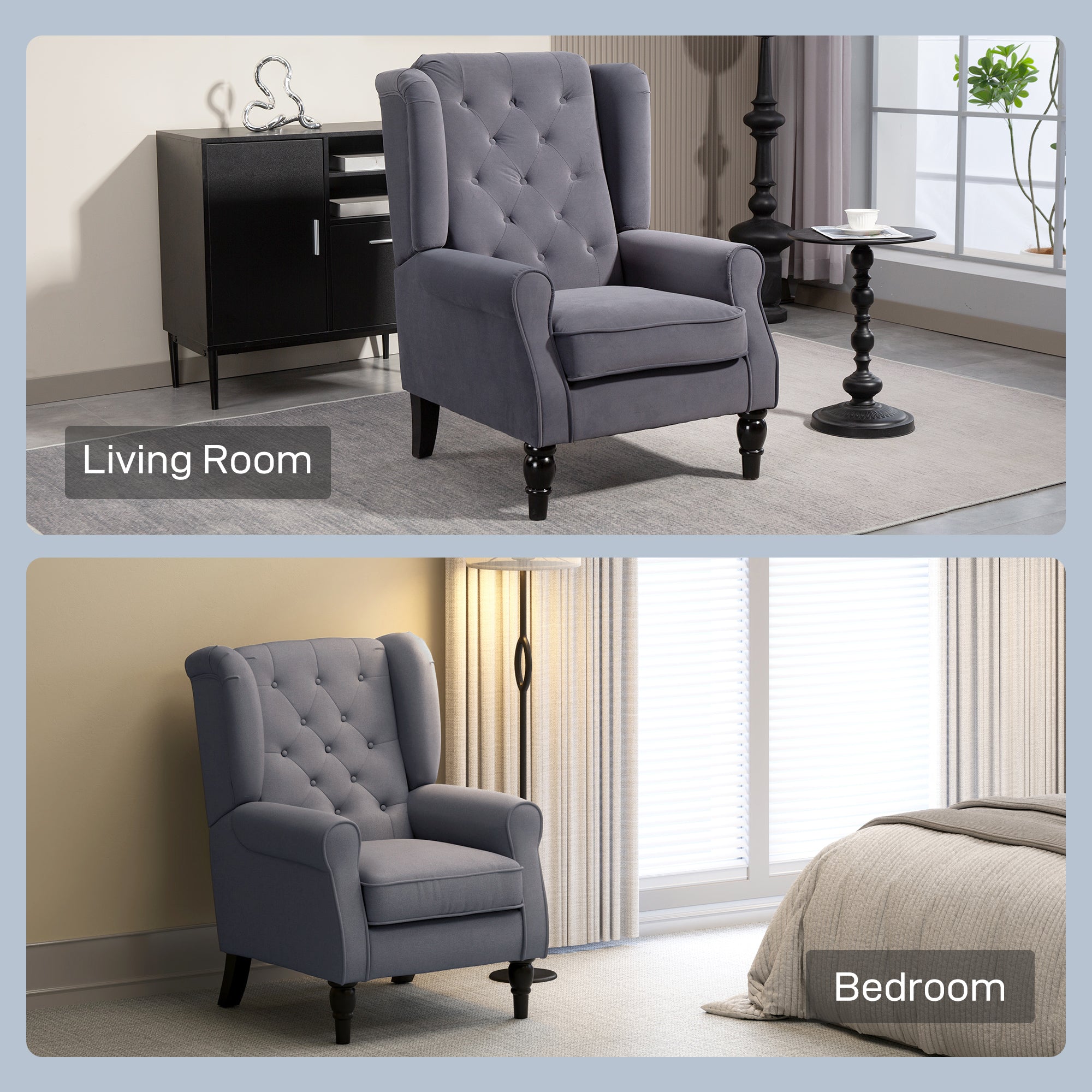 Wingback Accent Chair, Retro Upholstered Button Tufted Occasional Chair for Living Room and Bedroom, Charcoal Grey