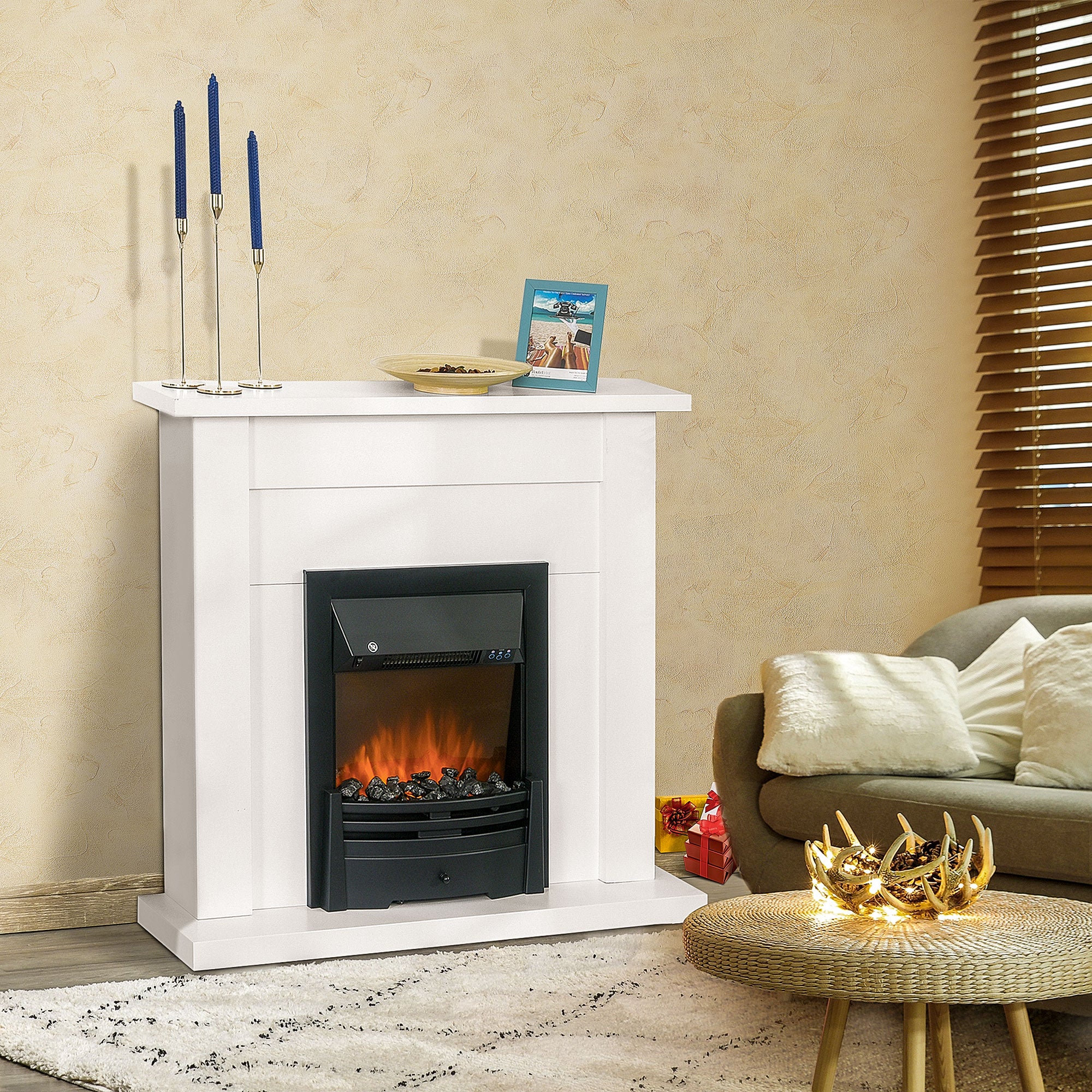 Fynco - Electric Firplace Suites & Mantelpiece w/LED Flames Remote Marble Stone Modern Curved Surround Intelligent Safe Tempered Glass Adjustable Thermal 1000W/2000W