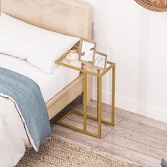C-Shaped Side Table, Modern Slim End Table with Tempered Glass Tabletop, Steel Frame for Small Space, Living Room, Bedroom, Gold Tone