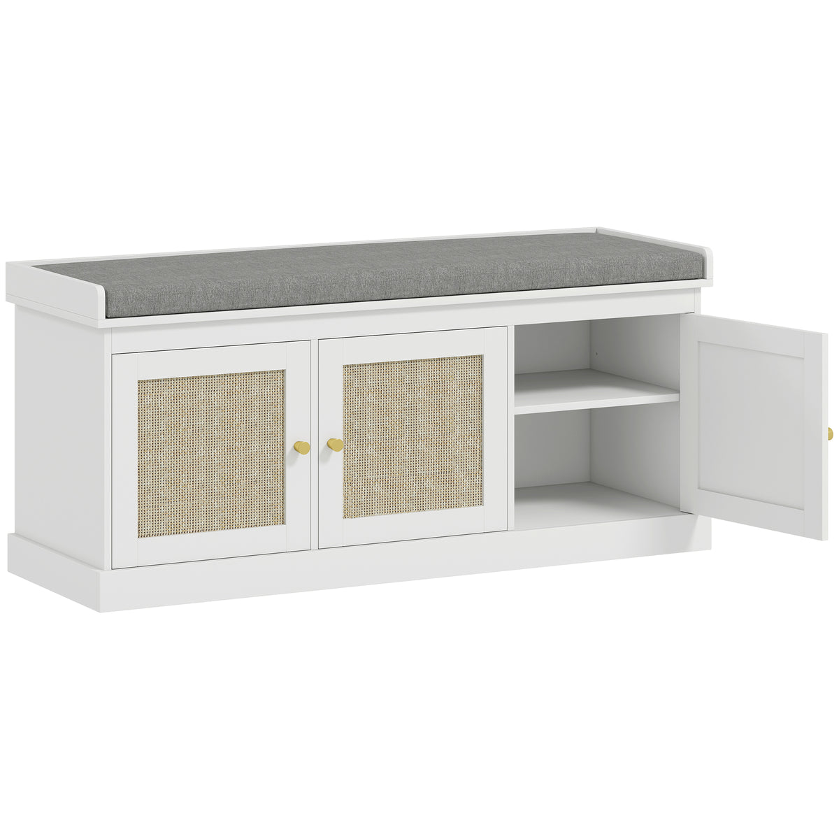 Fynco - Shoe Storage Bench with Woven Rattan Doors, Seat - White