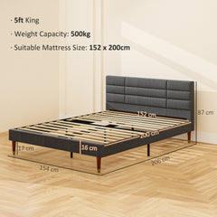 Upholstered King Bed Frame, with Slats - Grey