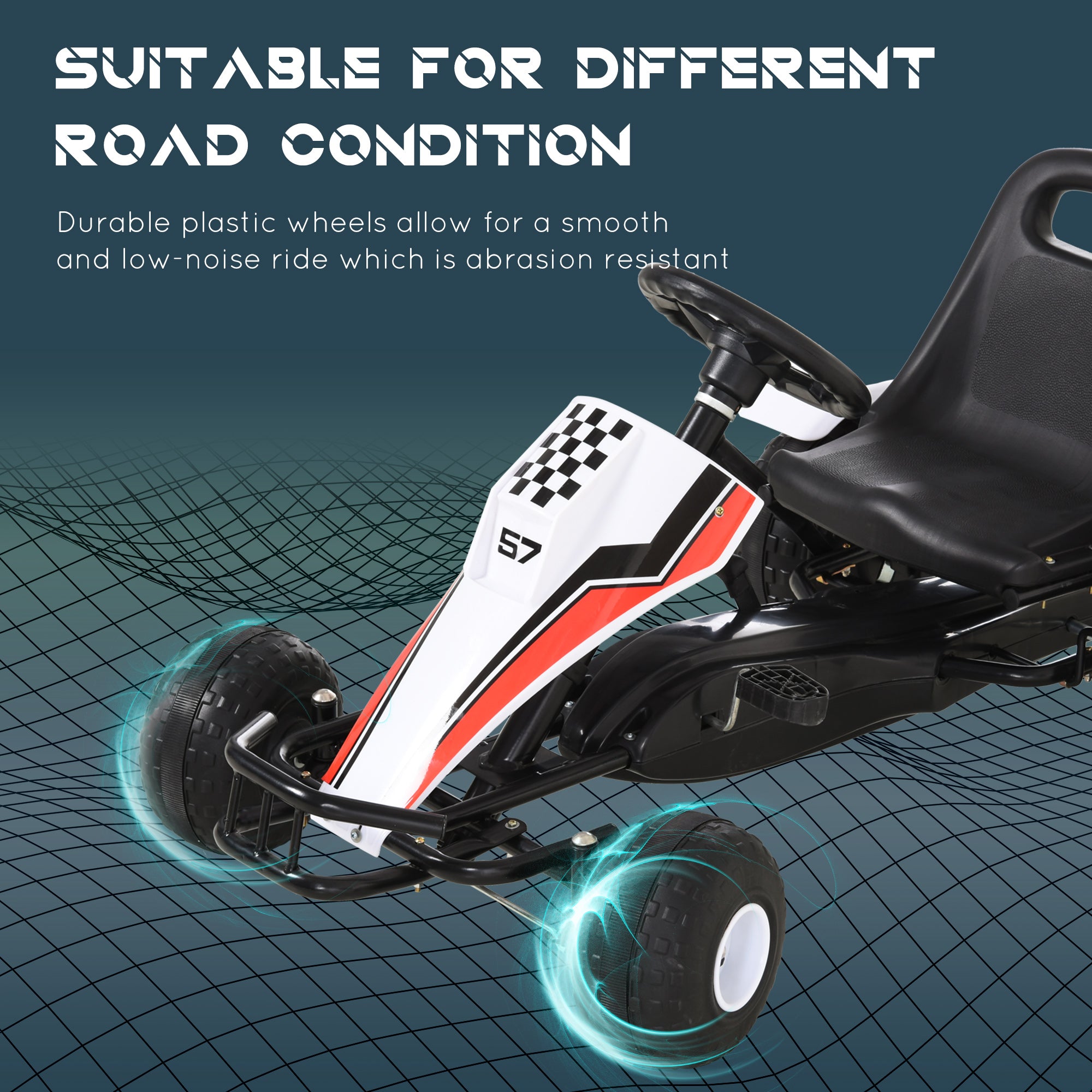 Kids Children Pedal Go Kart Manual Ride On Car w/ Brake Gears Steering Wheel Adjustable Seat 4 Smooth Wheels Racing-Style White 104 x 66 x 57 cm