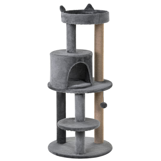 104 cm Cat Tree, Cat Condo Tree Tower, Cat Activity Centre with Scratching Posts, Plush Perch, Hanging Ball - Grey