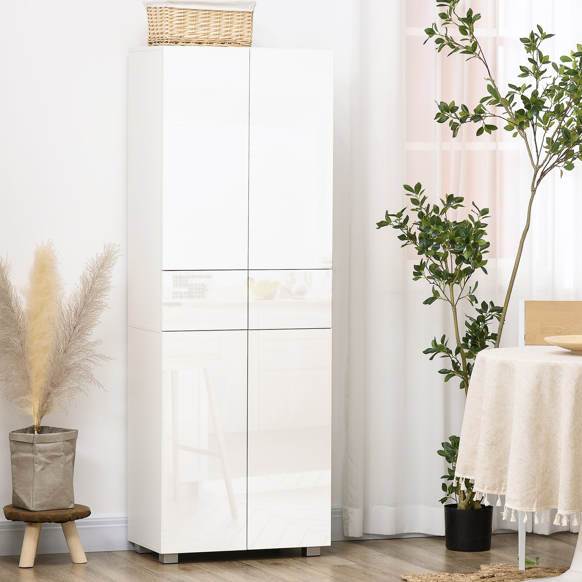 4-Door Kitchen Cupboard, Tall Freestanding 5-Tier Storage Cabinet with 3 Adjustable Shelves, 2 Drawers for Living Room, Dining Room, Push to Open Design, High Gloss White