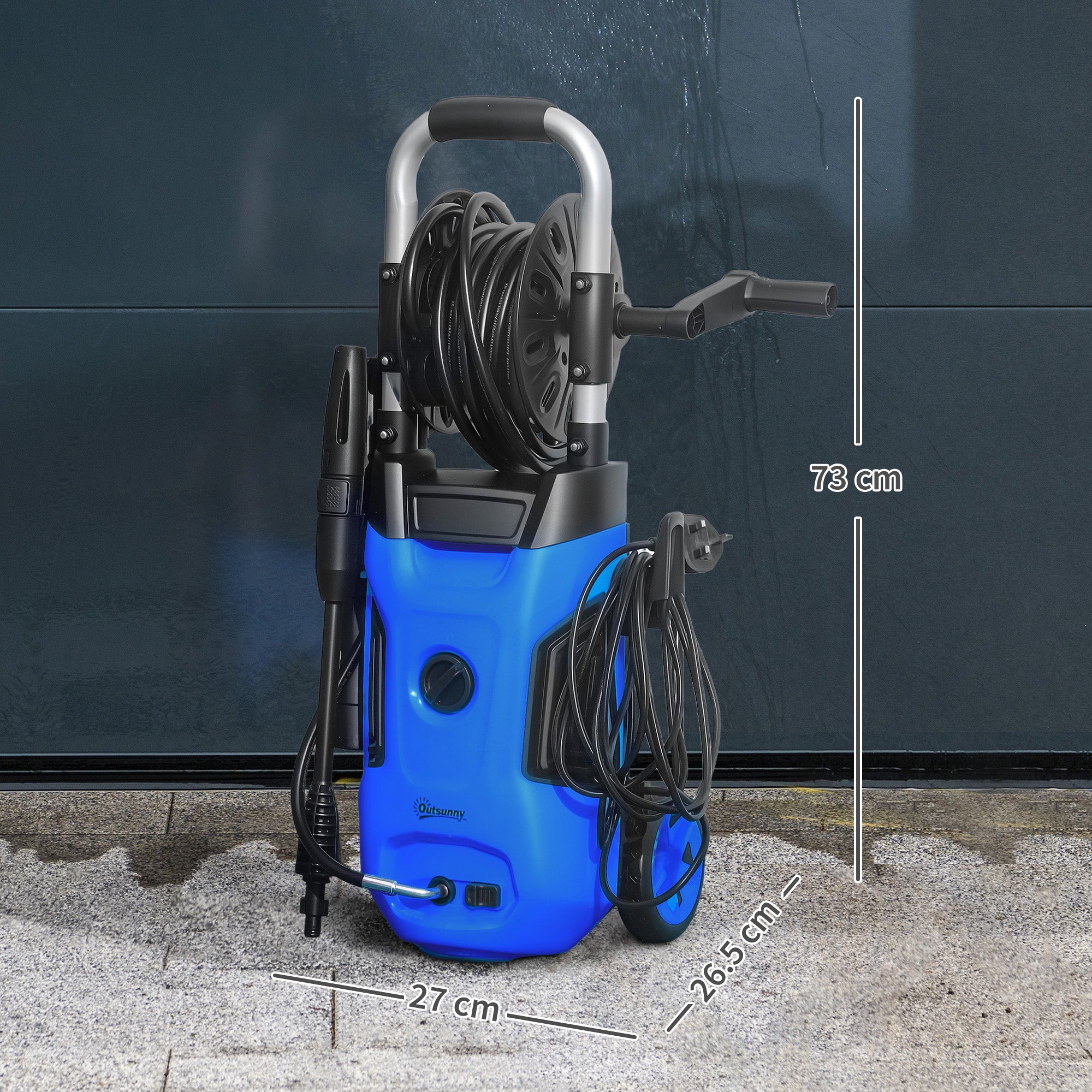 1800W High Pressure Washer, 150 Bar Pressure, 420 L/h Flow, Portable Power Washer Jet Wash Cleaner with Adjustable Nozzle, 6M Hose, Hose Reel, Steel Handle for Home Patio Car Driveway, Blue