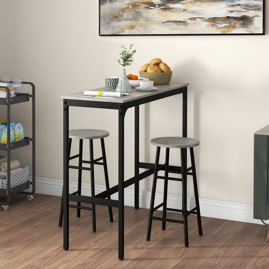 3 Piece Bar Table Set with 2 Stools, Industrial Bar Table and Stool Set, Dining Table and Chair Set, Grey