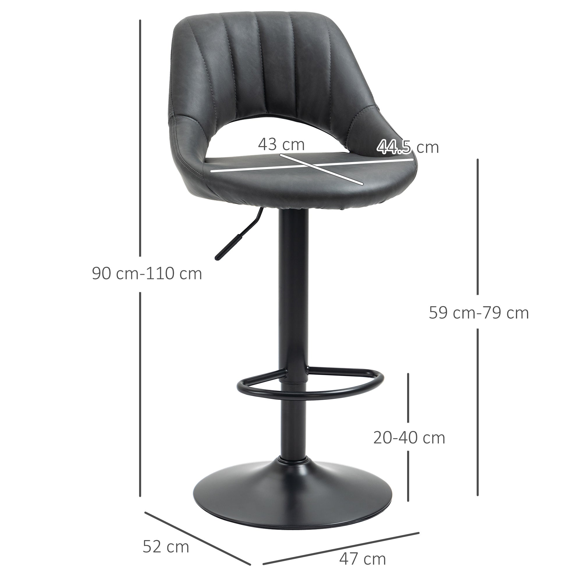 Bar Stools Set of 2, Swivel Counter Height Barstools with Back, Adjustable PU Leather Bar Chairs, Modern Armless Kitchen Island Stool, Dark Grey