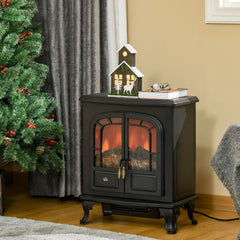 Fynco - Electric Fireplace Stove Heater with LED Fire Flame Effect, Double Door, Freestanding & Portable with Overheat Protection, 1000W/2000W, Black
