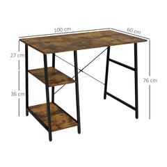100cm Computer Desk with Storage, Industrial Home Office Desk with 2 Tier Shelves and Steel Frame, Computer Table for Study Room, Rustic Brown