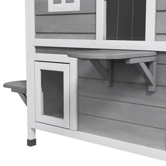 2-story Cat House Outdoor, Weatherproof Wooden Cat Enclosure for Feral Cats with Escape Door, Openable Roof, Jumping Platforms, Grey