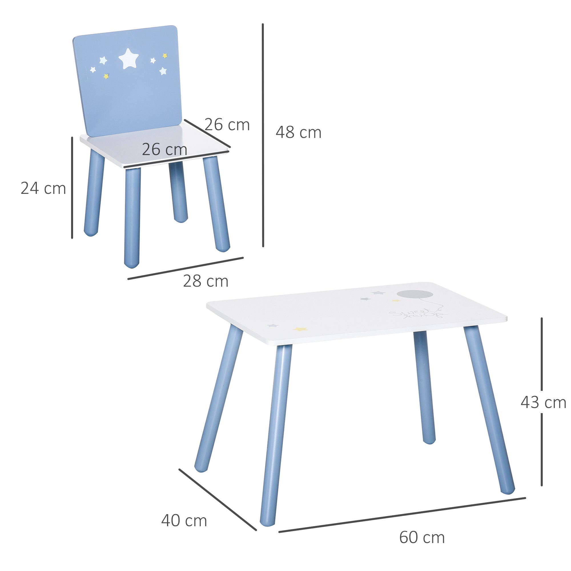 3 Pcs Kids Table & Chairs Set w/ Wood Legs Safe Corners Cute Stars Seating Mini Furniture Home Playroom Bedroom Dining Room Blue