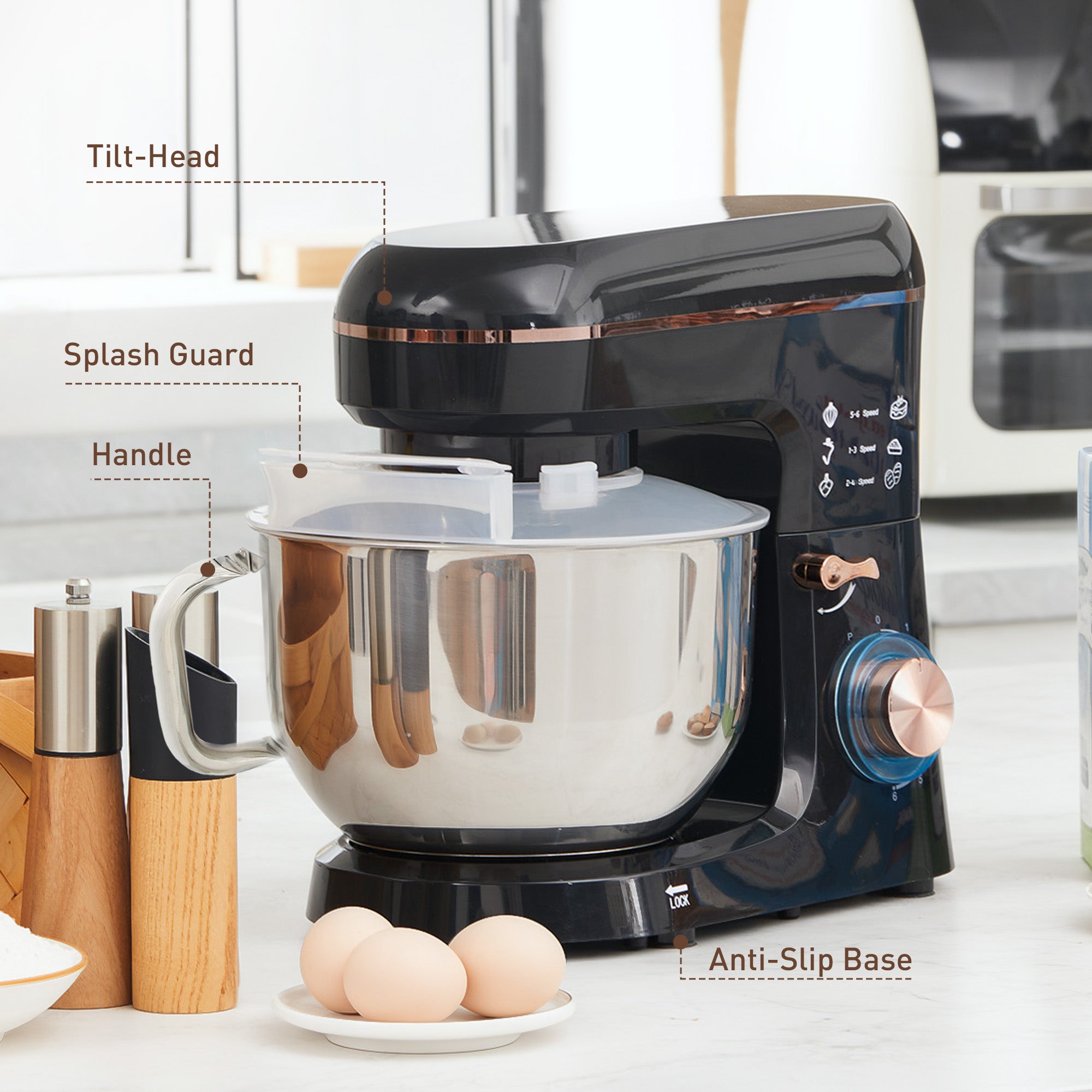 Stand Mixer, 5L Food Mixer for Baking, 6 Speeds and Pulse Setting, 1400W Cake Electric Kitchen Mixer with Dough Hook, Whisk, Stainless Steel Bowl, Splash Guard, Beater, Black