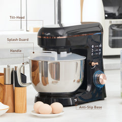 Stand Mixer, 5L Food Mixer for Baking, 6 Speeds and Pulse Setting, 1400W Cake Electric Kitchen Mixer with Dough Hook, Whisk, Stainless Steel Bowl, Splash Guard, Beater, Black