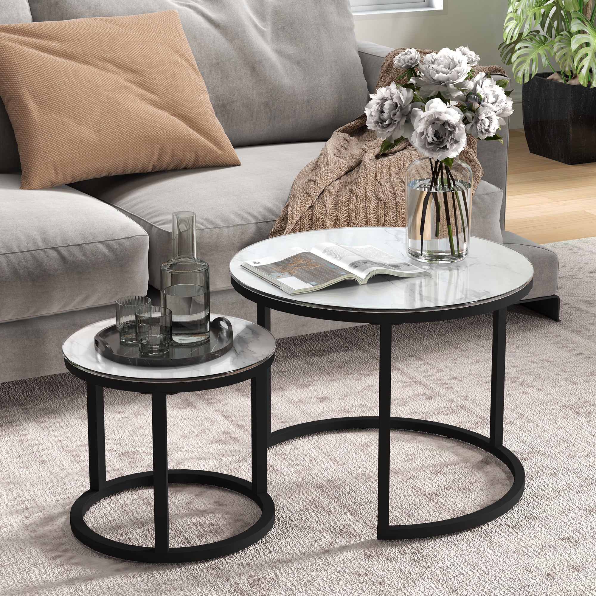 Glass Coffee Table Set of 2, Round Nest of Tables with Marble-Effect Tempered Glass Tabletop and Steel Frame, Modern Side Tables for Living Room, White