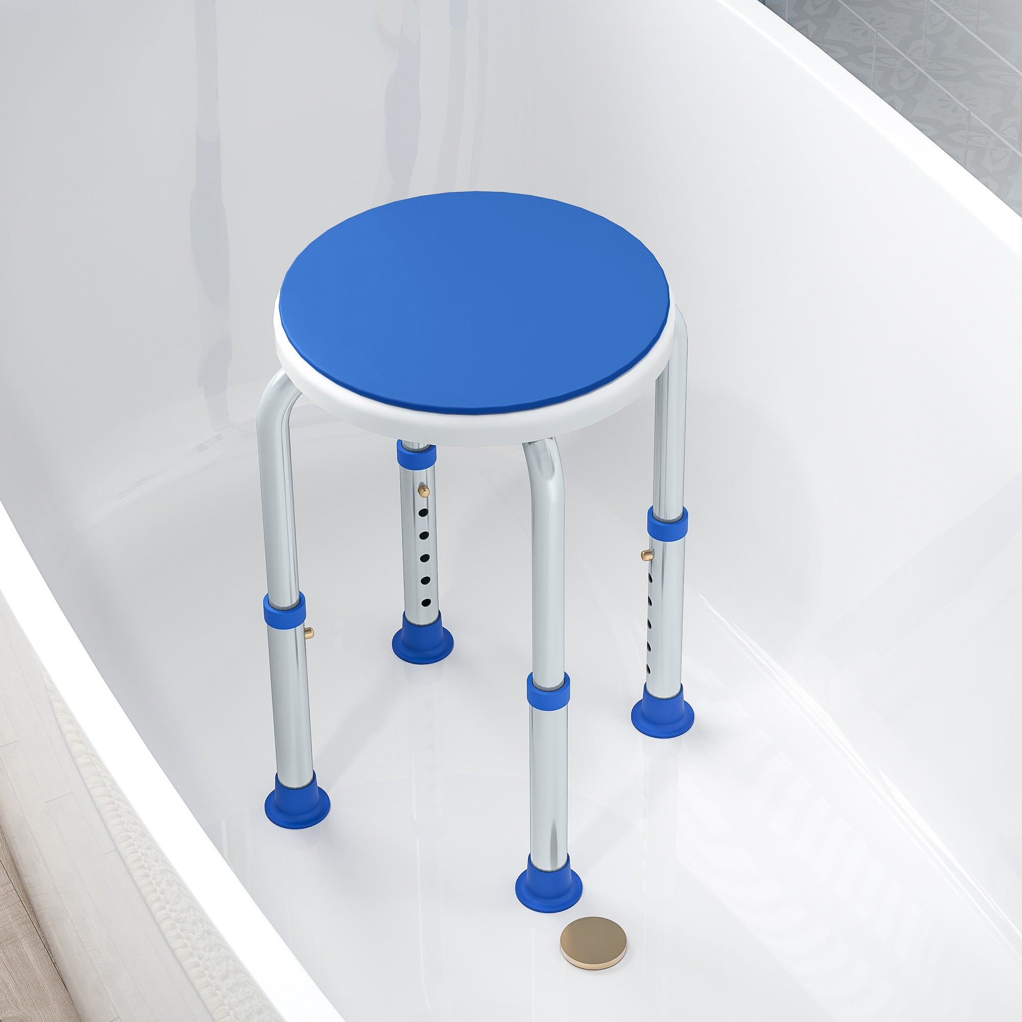 Fynco - 360° Swivel Shower Chair, Height Adjustable Aluminium Shower Stool with Non-Slip Feet for Disabled, Elderly, Blue