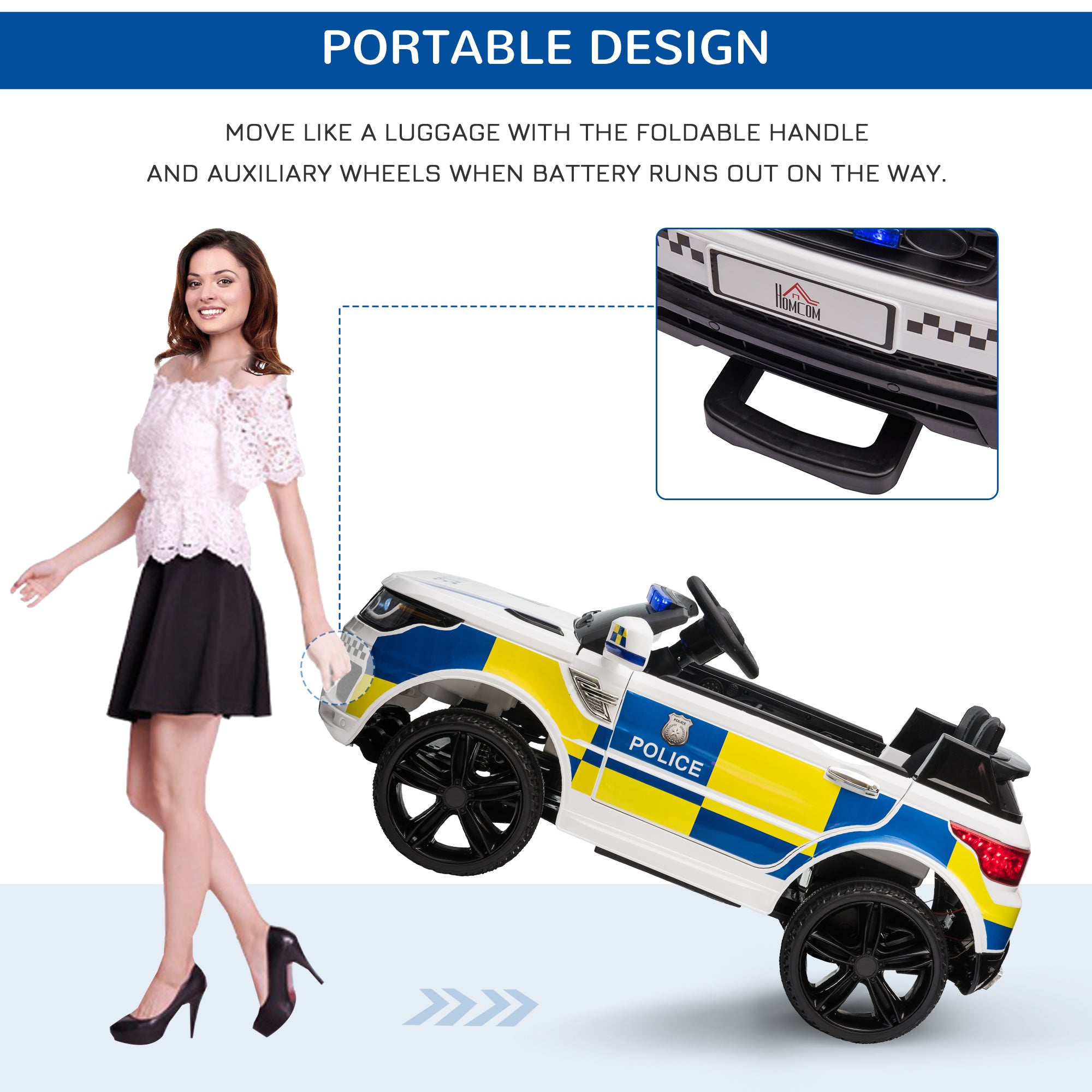 12V Kids Electric Ride On Police Car 2 Motors with Parental Remote Control Siren Flashing Lights USB Portable for 3-6 Years White