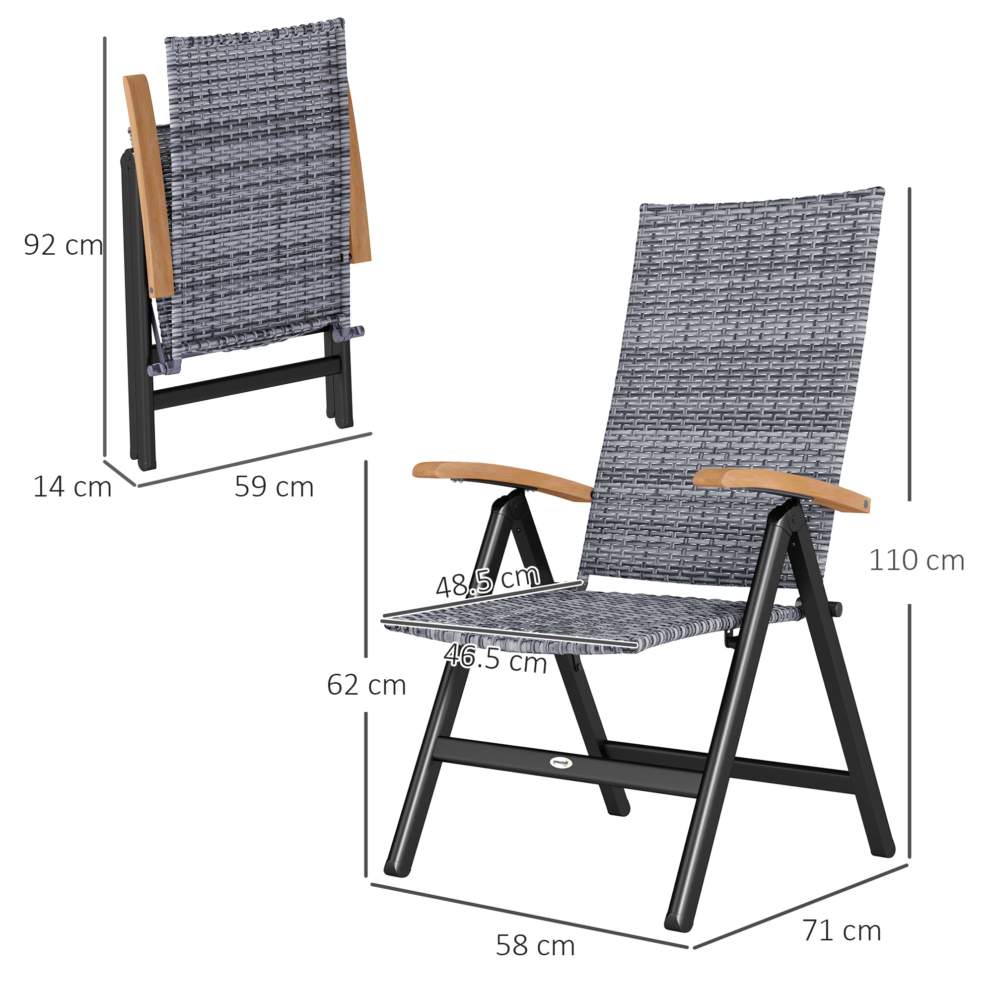 2 Pieces Folding Rattan Garden Dining Chairs with 5-level Reclining High Back, Wood Armrests for Outdoor - Light Grey