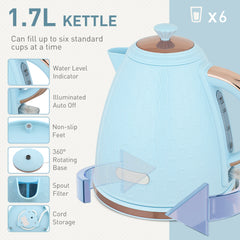 1.7L 3000W Fast Boil Kettle & 2 Slice Toaster Set, Kettle and Toaster Set with Auto Shut Off, Browning Controls, Light Blue