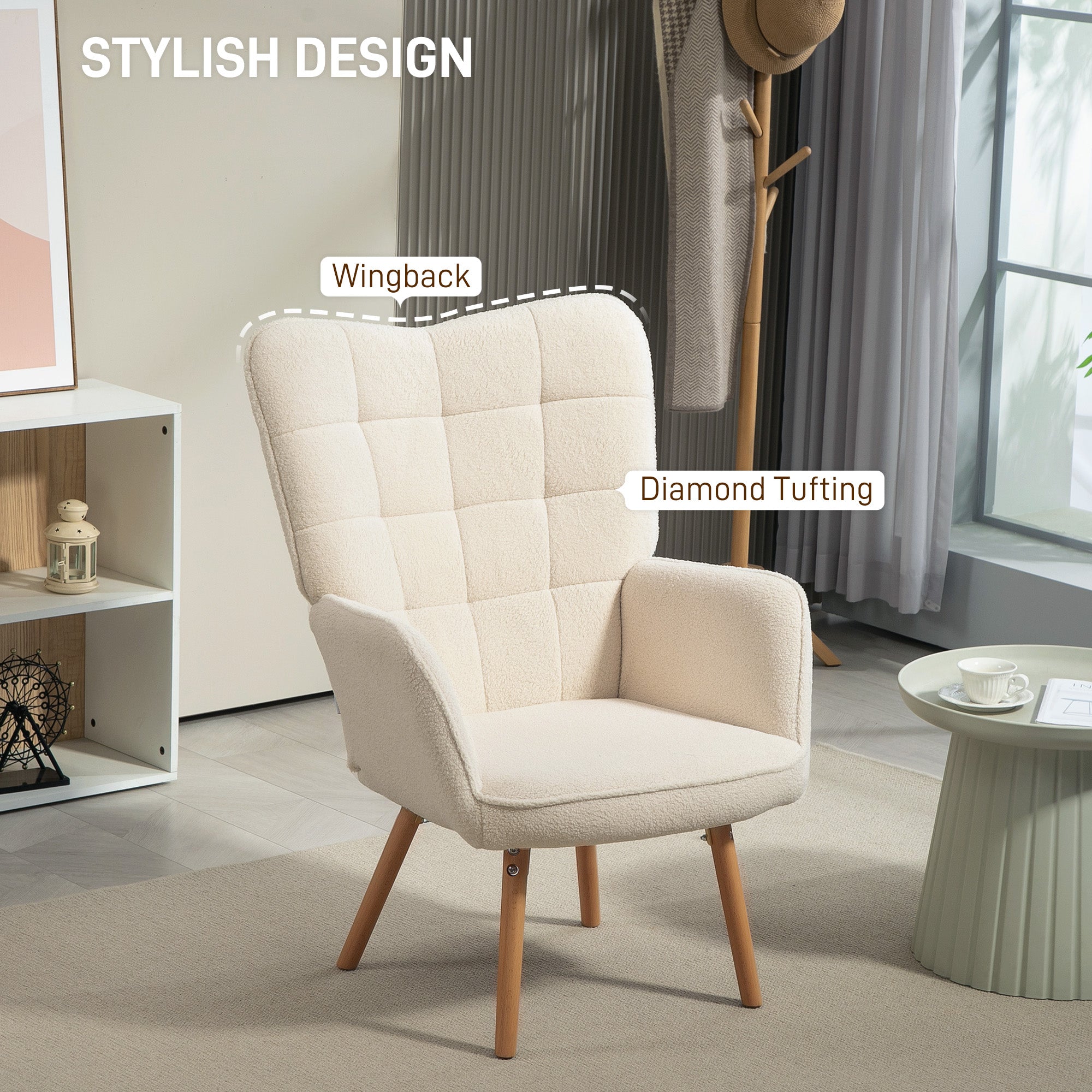 Modern Accent Chair, Upholstered Tufted Wingback Armchair with Seat Padding, Teddy Fleece Leisure Lounge Bedroom Chair with Wood Legs, Cream White