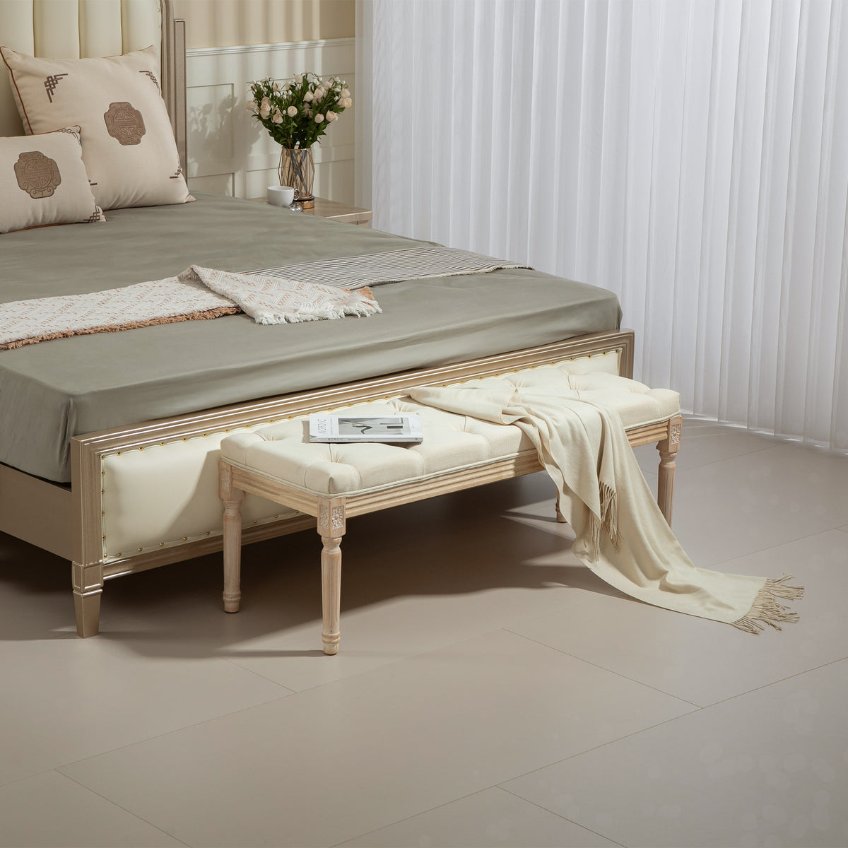 Vintage Wooden Bed End Bench - Cream White
