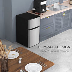 Fynco - 88L Under Counter Fridge Freezer, Small Refrigerator with 5-Setting, 3 Star Freezer Rating, Black and Silver Tone
