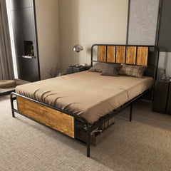 4.8ft Double Bed Frame with Industrial Wood Headboard, Steel Slat Support and 25.5cm Underbed Storage Space, 145 x 199cm, Rustic Brown