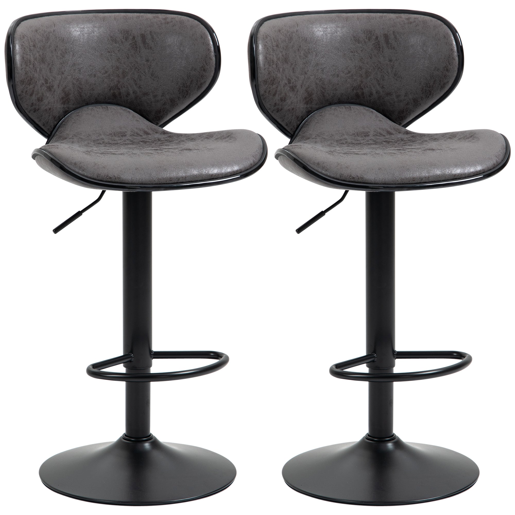 Adjustable Bar Stools Set of 2, Swivel Leathaire Upholstered Barstools with Large Seat, Breakfast Bar Chairs with Back, Footrest and Steel Base, Dark Grey