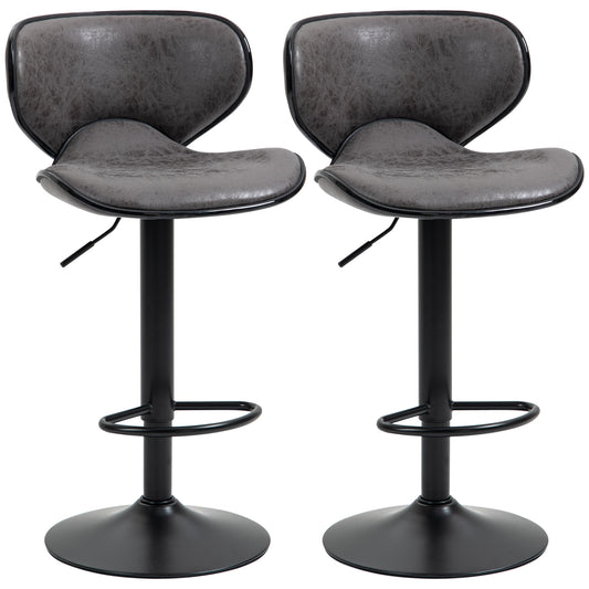 Adjustable Bar Stools Set of 2, Swivel Leathaire Upholstered Barstools with Large Seat, Breakfast Bar Chairs with Back, Footrest and Steel Base, Dark Grey