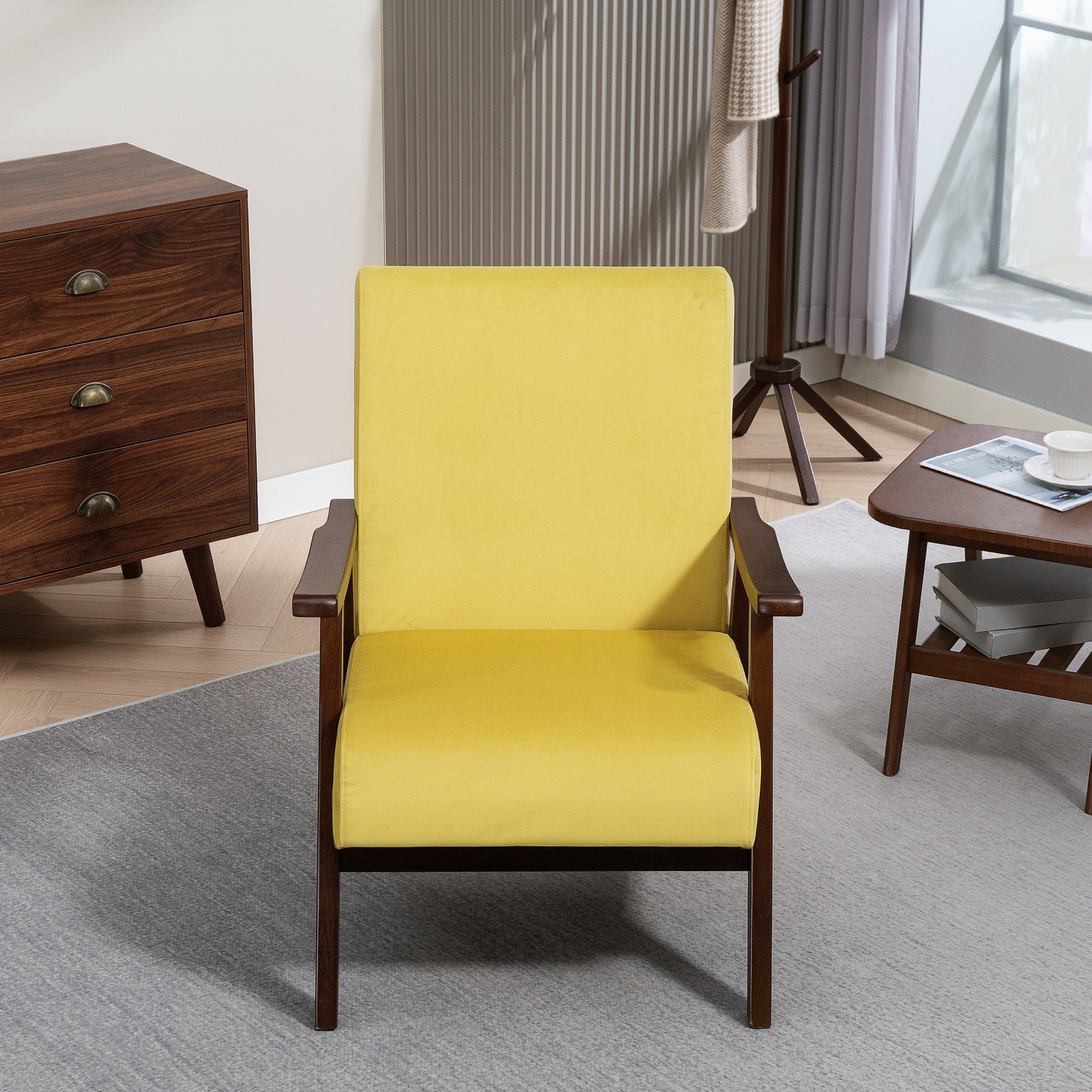 Nordic Accent Chair, Upholstered Velvet Armchair with Solid Wood Frame and Soft Thick Padded for Living Room, Bedroom, Champagne