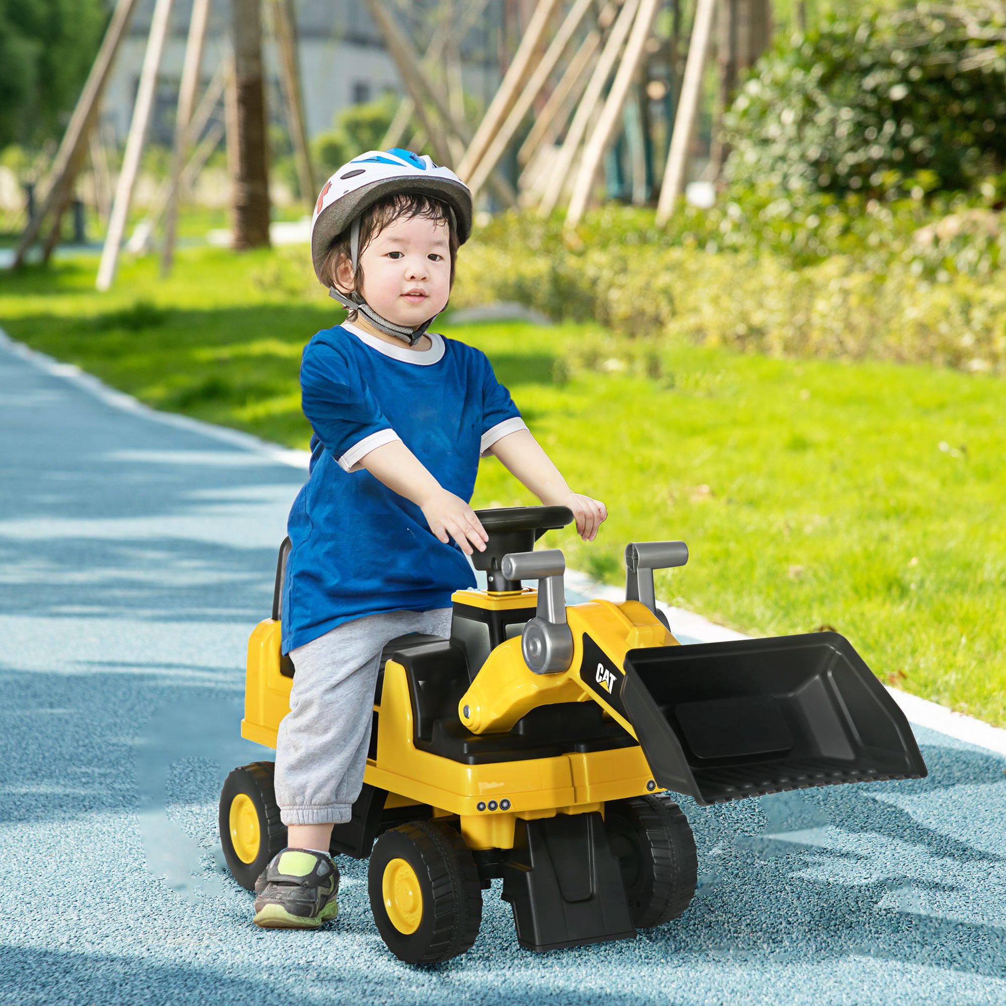 CAT Licensed Kids Construction Ride-On Toddler Digger Excavator Foot-To-Floor Ride-On Toy w/ Manual Shovel, Horn, Hidden Storage, for Ages 1.5-3 Years