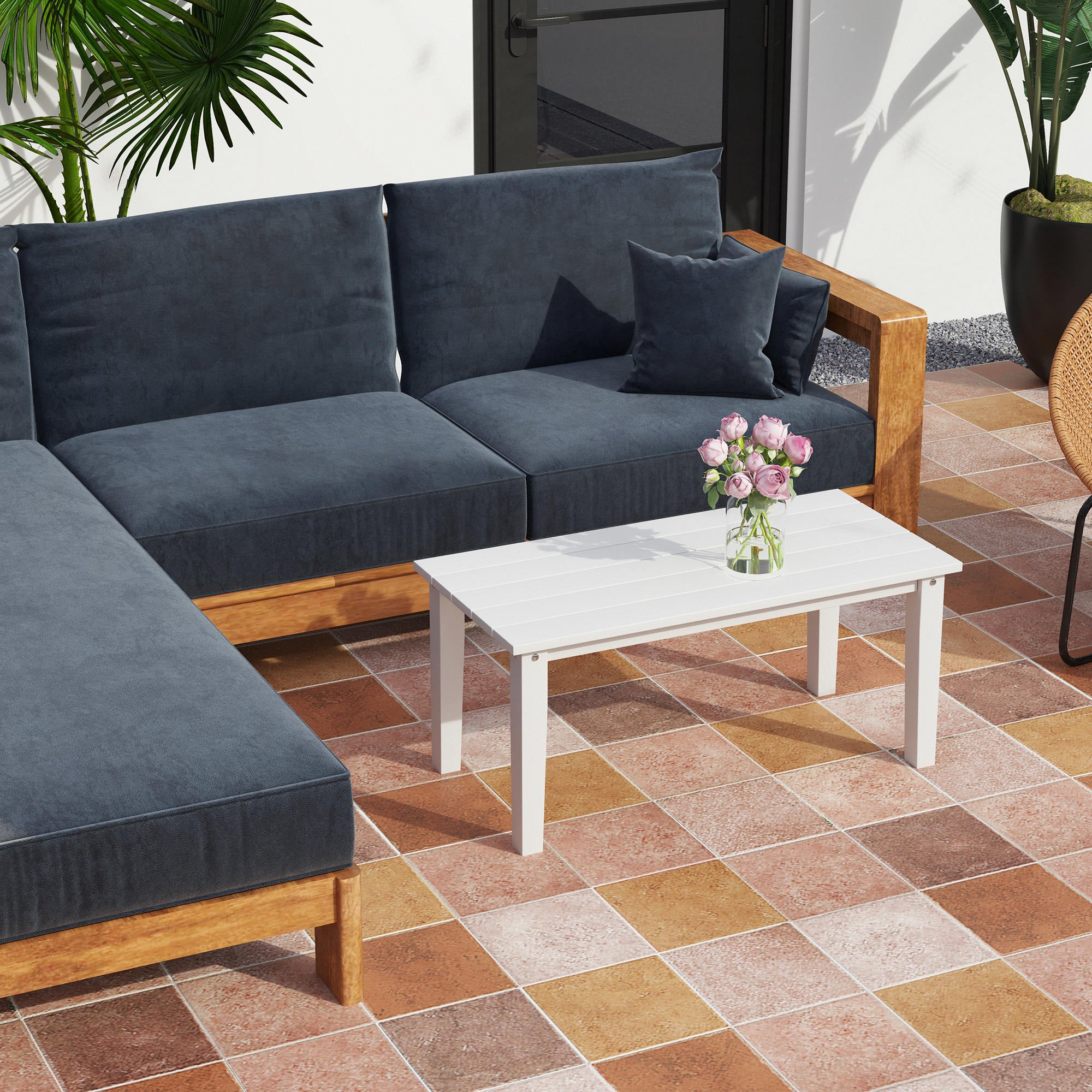 Outdoor Garden Coffee Table, HDPE All-Weather Rectangular Outdoor Garden Table with Slatted Tabletop for Patio, Balcony, 91 x 44 x 42 cm, White