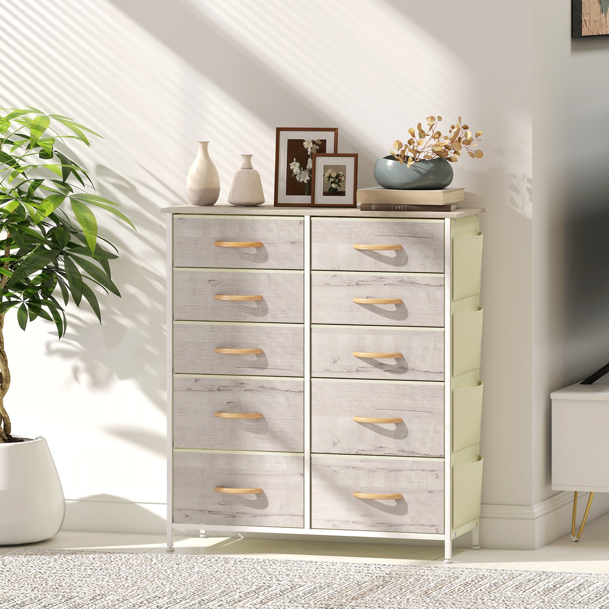 Chest of Ten Fabric Drawers - Natural Wood Finish