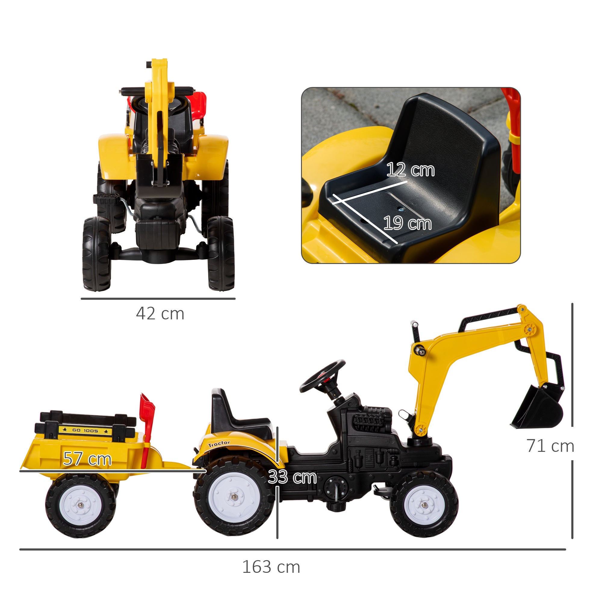 Kids Ride-On Construction Car, with Horn and Detachable Trailer - Yellow