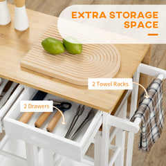 Fynco - Kitchen Island Set with 2 Stools, Bamboo Breakfast Cart with Drop Leaf Top, Drawers and Towel Rack, Rolling Kitchen Cart and Chairs Set, White
